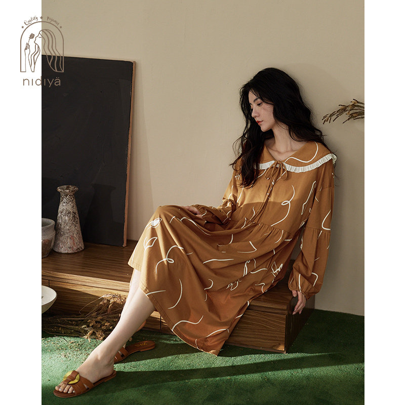 妮狄娅睡衣睡裙女春秋季纯棉减龄甜美少女宽松娃娃裙中长款家居服