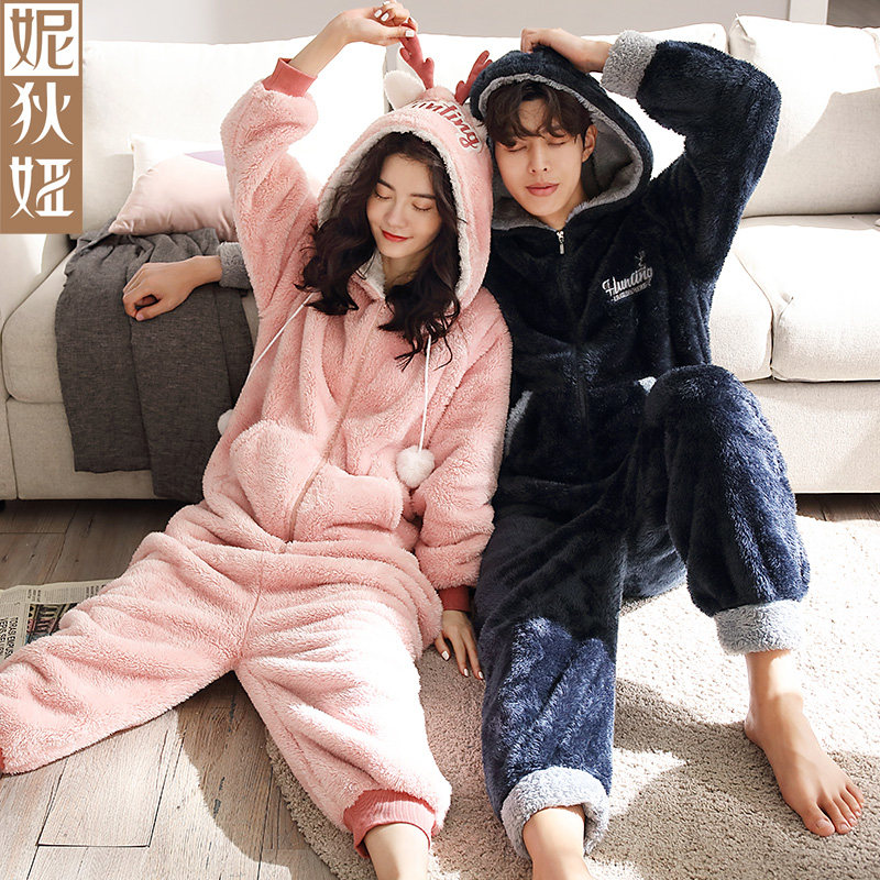 情侣睡衣冬珊瑚绒长袖卡通可爱加厚保暖连体带帽秋冬家居服套装男
