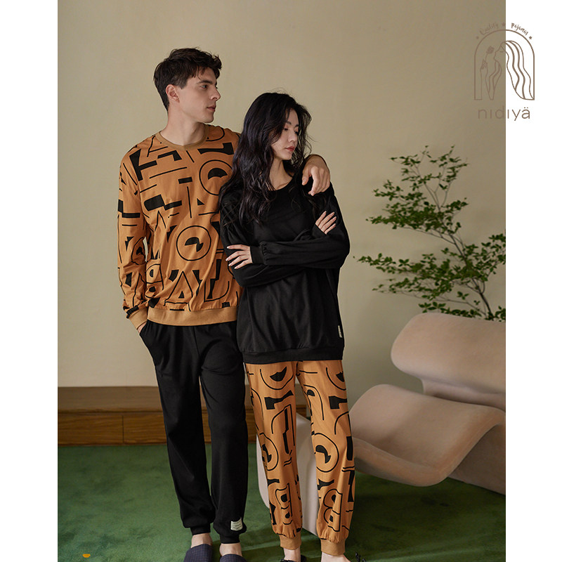 妮狄娅2023情侣睡衣女纯棉长袖男圆领套头休闲居家春秋家居服套装