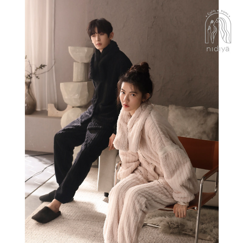 妮狄娅情侣睡衣女冬季珊瑚绒保暖男士简约加厚围脖家居服套装外穿