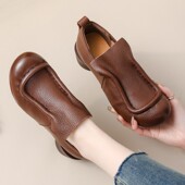 头层牛皮真皮单鞋 软底软面休闲皮鞋 女鞋 中跟粗跟一脚蹬复古乐福鞋