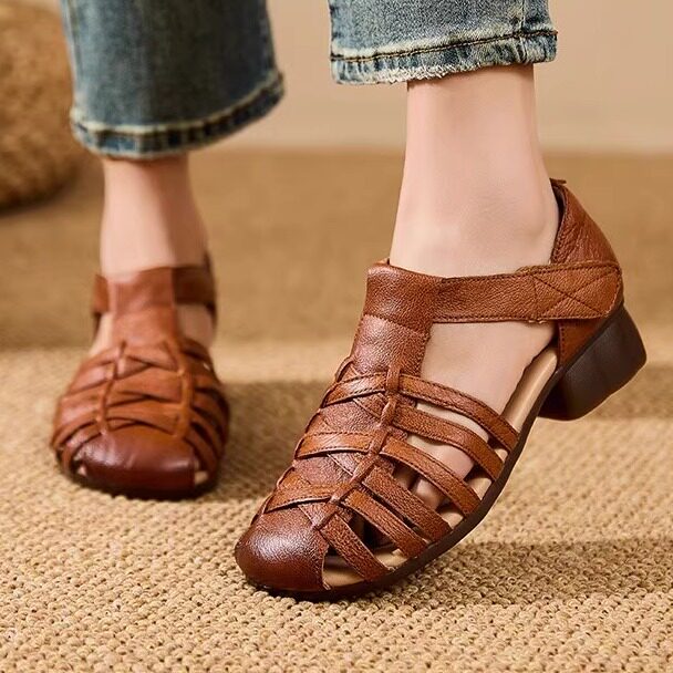 头层牛皮真皮复古绑带编织软底镂空包头罗马凉鞋女底跟妈妈凉鞋夏