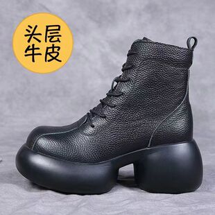 头层牛皮秋冬真皮短靴高跟复古真皮厚底英伦风马丁靴粗跟加绒保暖