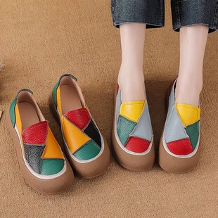 头层牛皮春秋厚底平底休闲鞋百搭真皮拼色乞丐鞋复古女单鞋懒人鞋