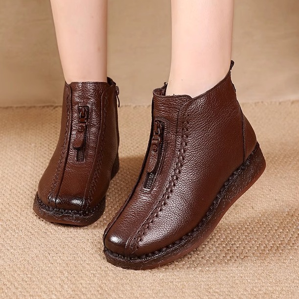 头层牛皮~厚底短靴冬加绒妈妈鞋复古真皮女靴中老年棉鞋软底防滑