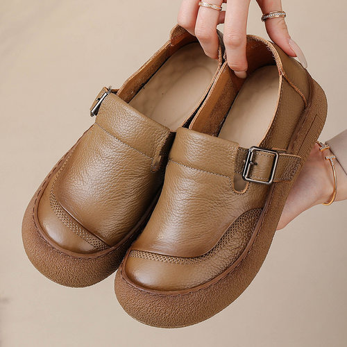 头层牛皮真皮春季舒适单鞋休闲皮鞋软底妈妈鞋中老年中口粘贴女鞋