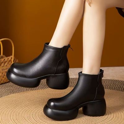 头层牛皮真皮增高跟粗跟加绒保暖短靴妈妈皮靴复古厚底马丁靴女鞋