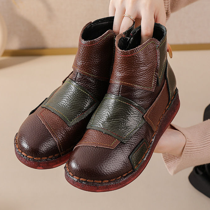 拼色真皮短靴保暖舒适棉鞋冬季头层牛皮平底牛筋底休闲女靴民族风,女鞋,时装靴,淘宝优惠券,粉丝福利购,淘宝优惠卷