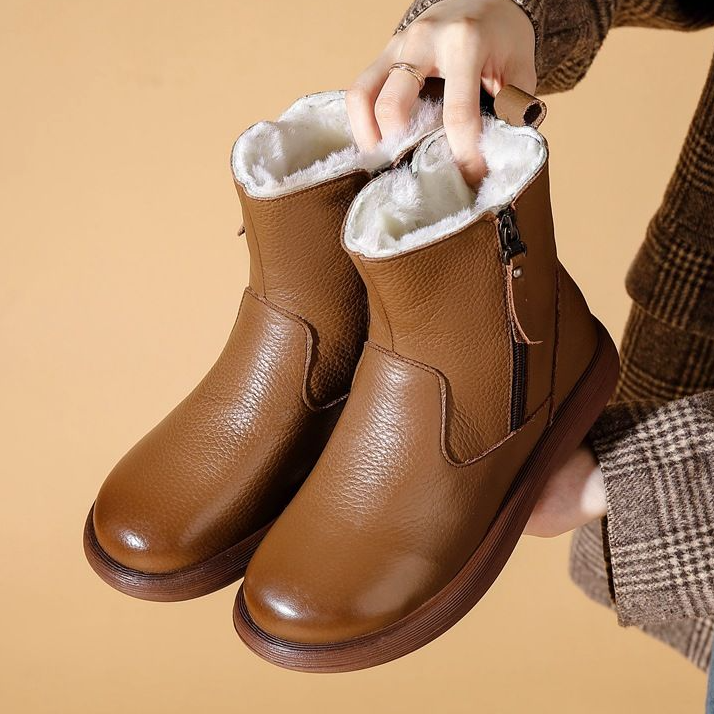 头层牛皮~冬季真皮羊毛马丁靴女厚底妈妈棉鞋中老年保暖雪地靴