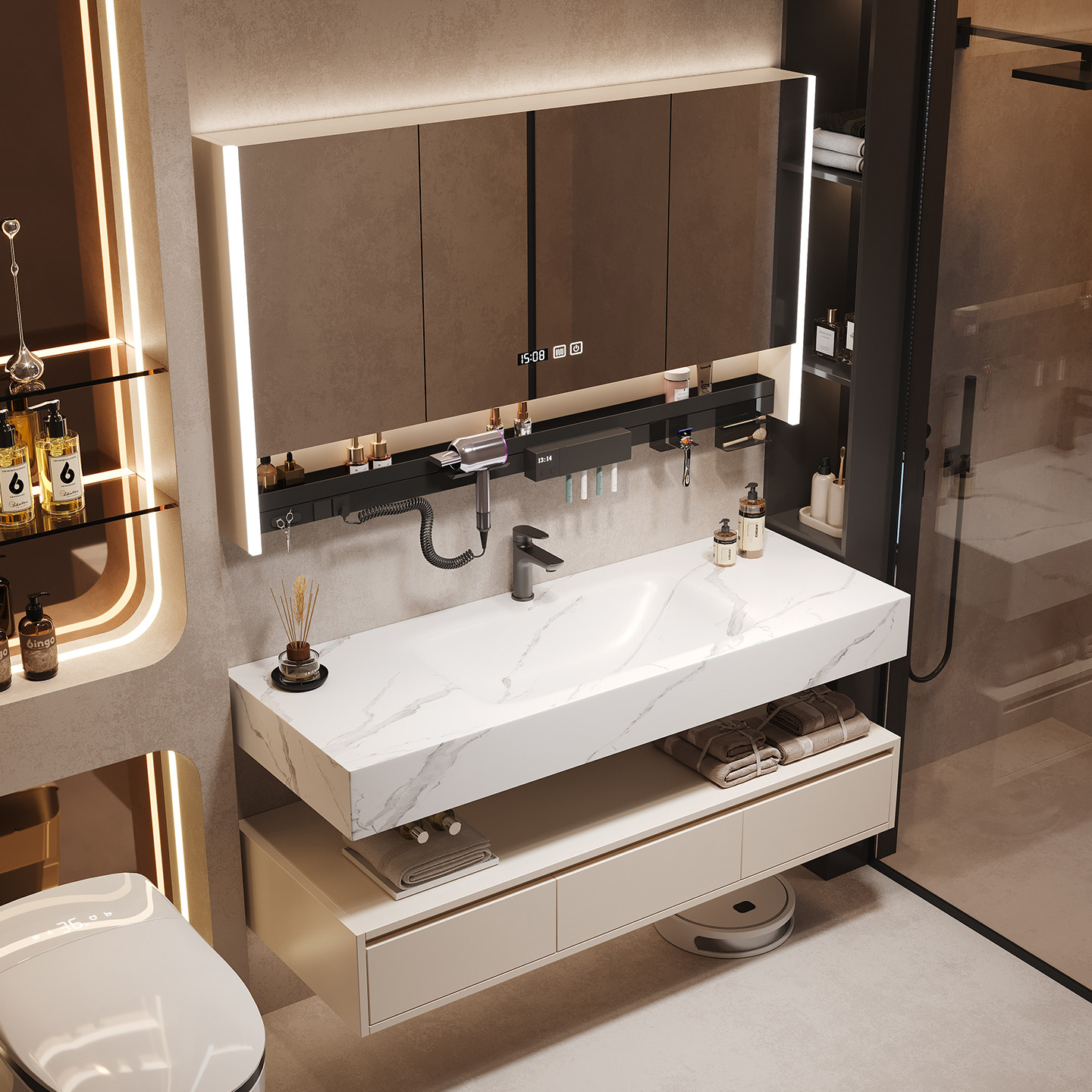 奶油酒店风浴室柜组合岩板热弯一体盆智能卫生间洗漱台洗脸洗手盆,家装主材,浴室柜组合,淘宝优惠券,粉丝福利购,淘宝优惠卷