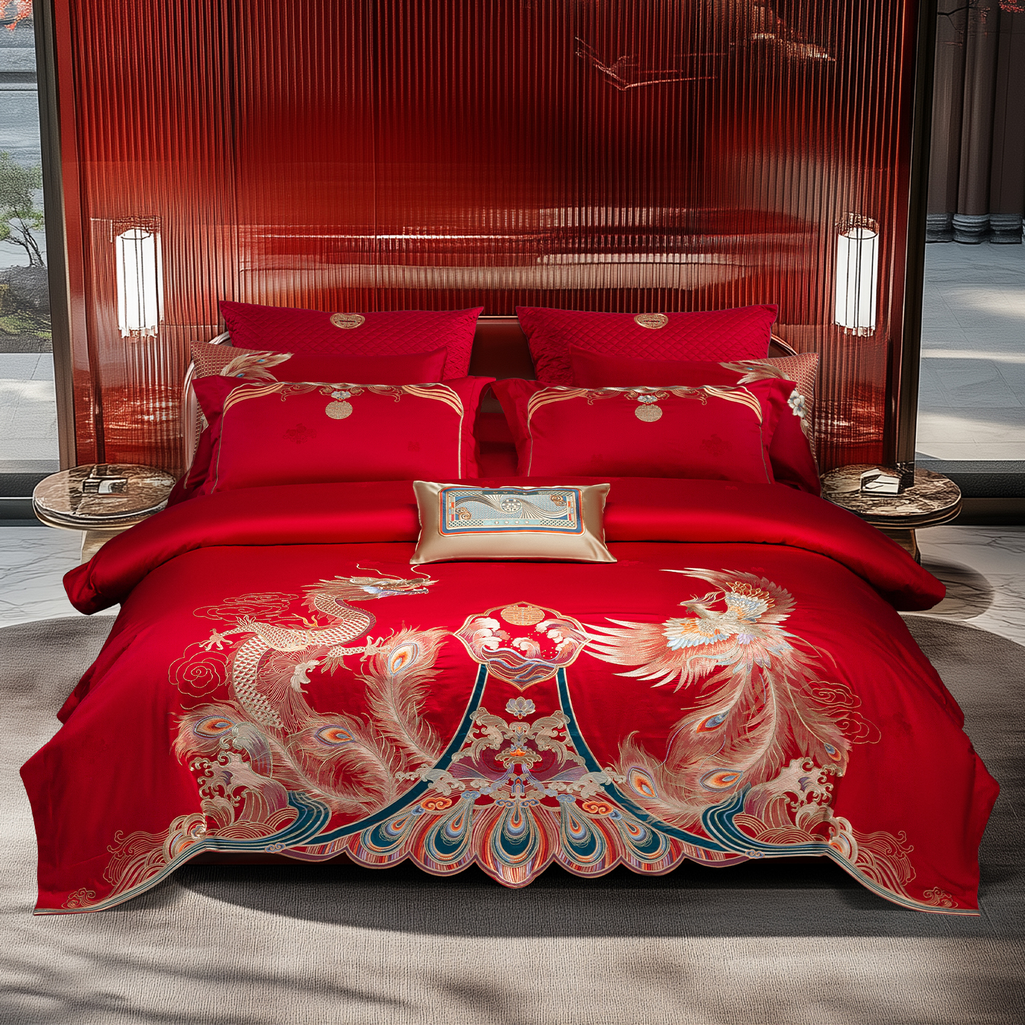 婚庆高端大红龙凤呈祥四件套