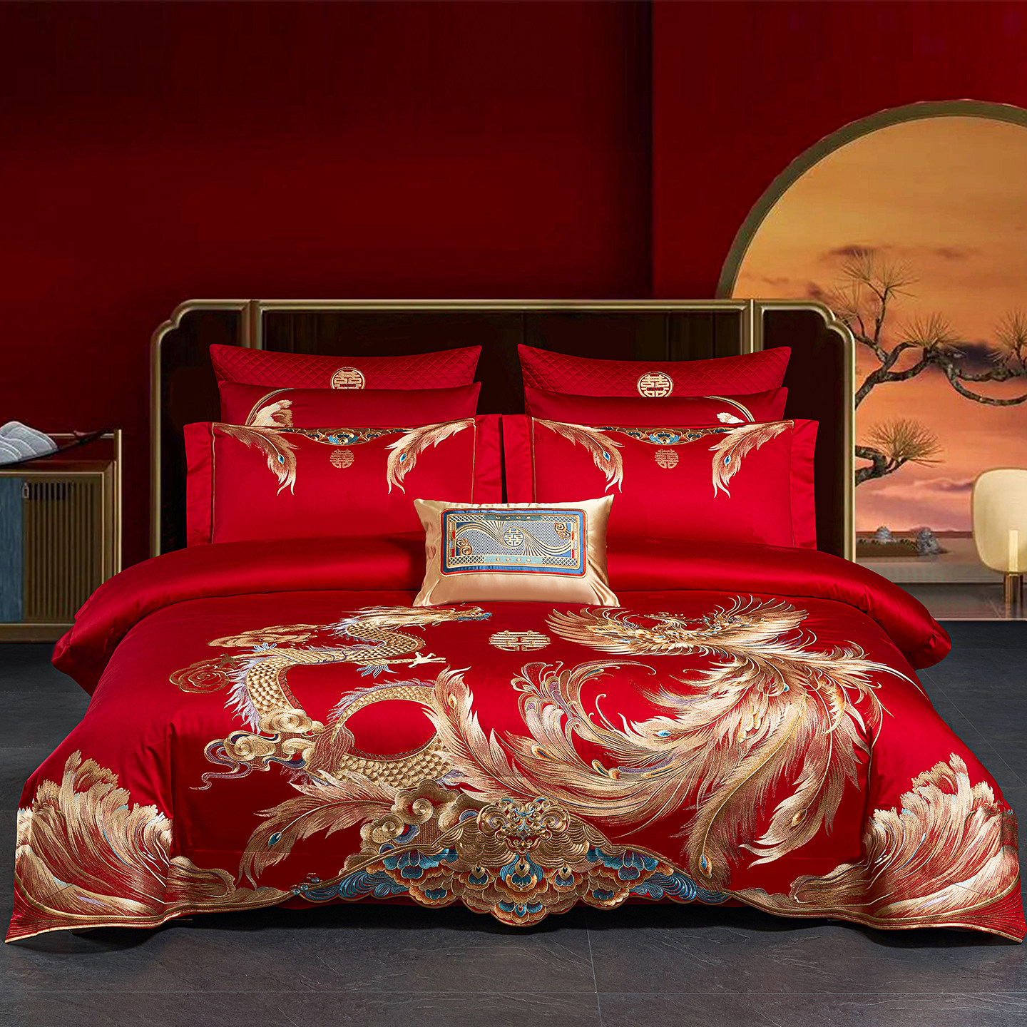 思辰家纺结婚龙凤四件套全棉纯棉婚庆床上用品新婚大红色刺绣喜被
