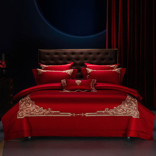 思辰家纺高端欧式结婚四件套160支双股厚织全棉刺绣婚庆床上用品