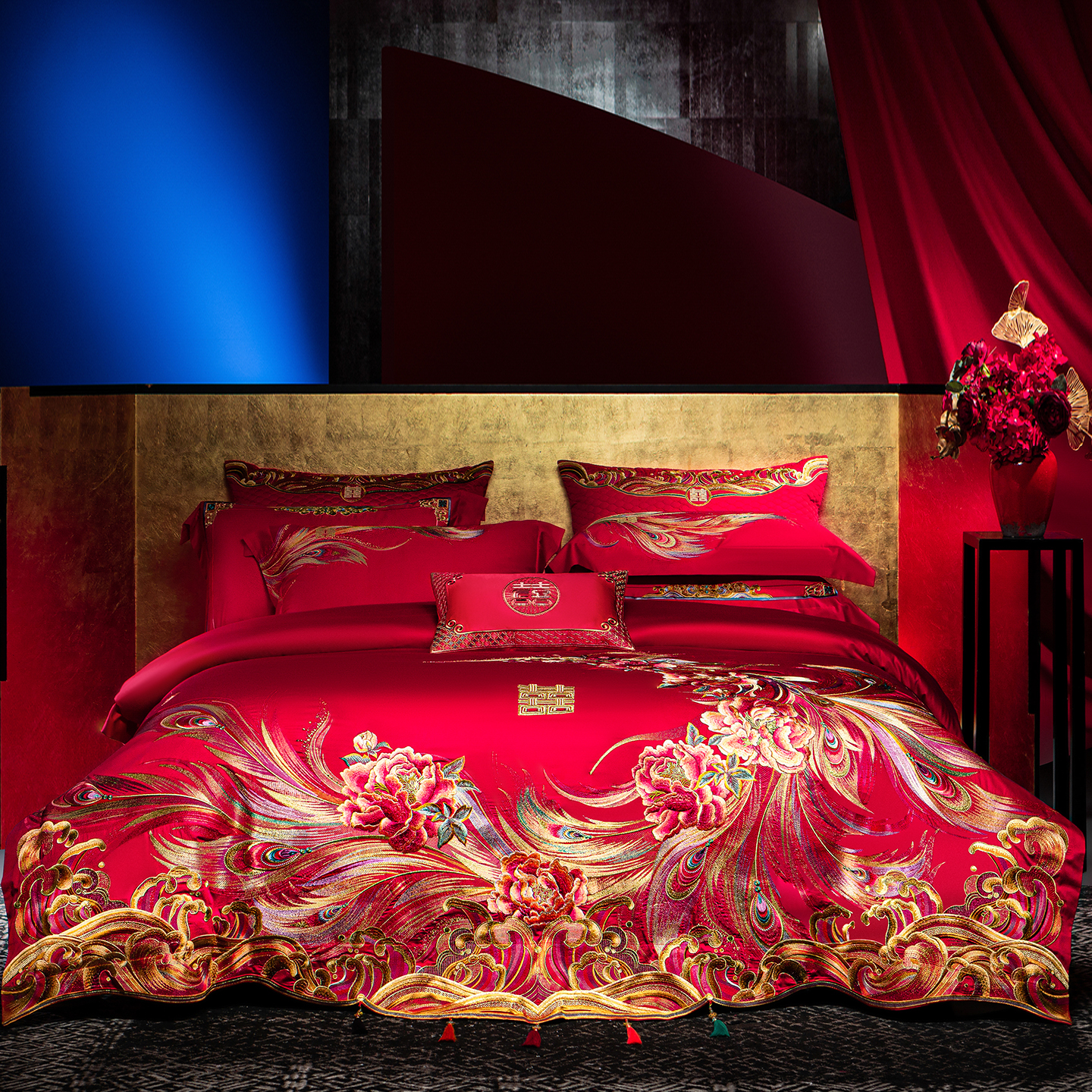 高端大红婚庆四件套全棉刺绣