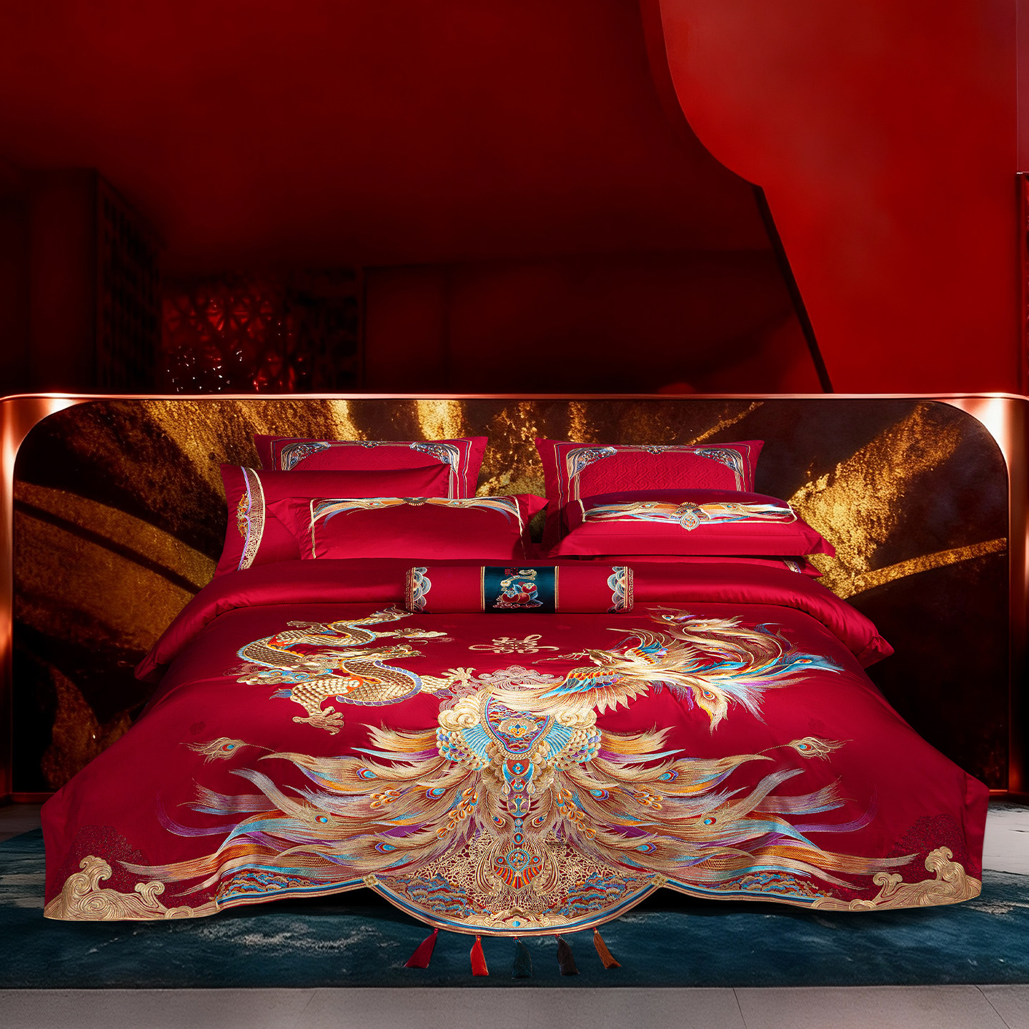 思辰中式红色龙凤婚庆四件套140S全棉纯棉结婚床上用品十件套喜被