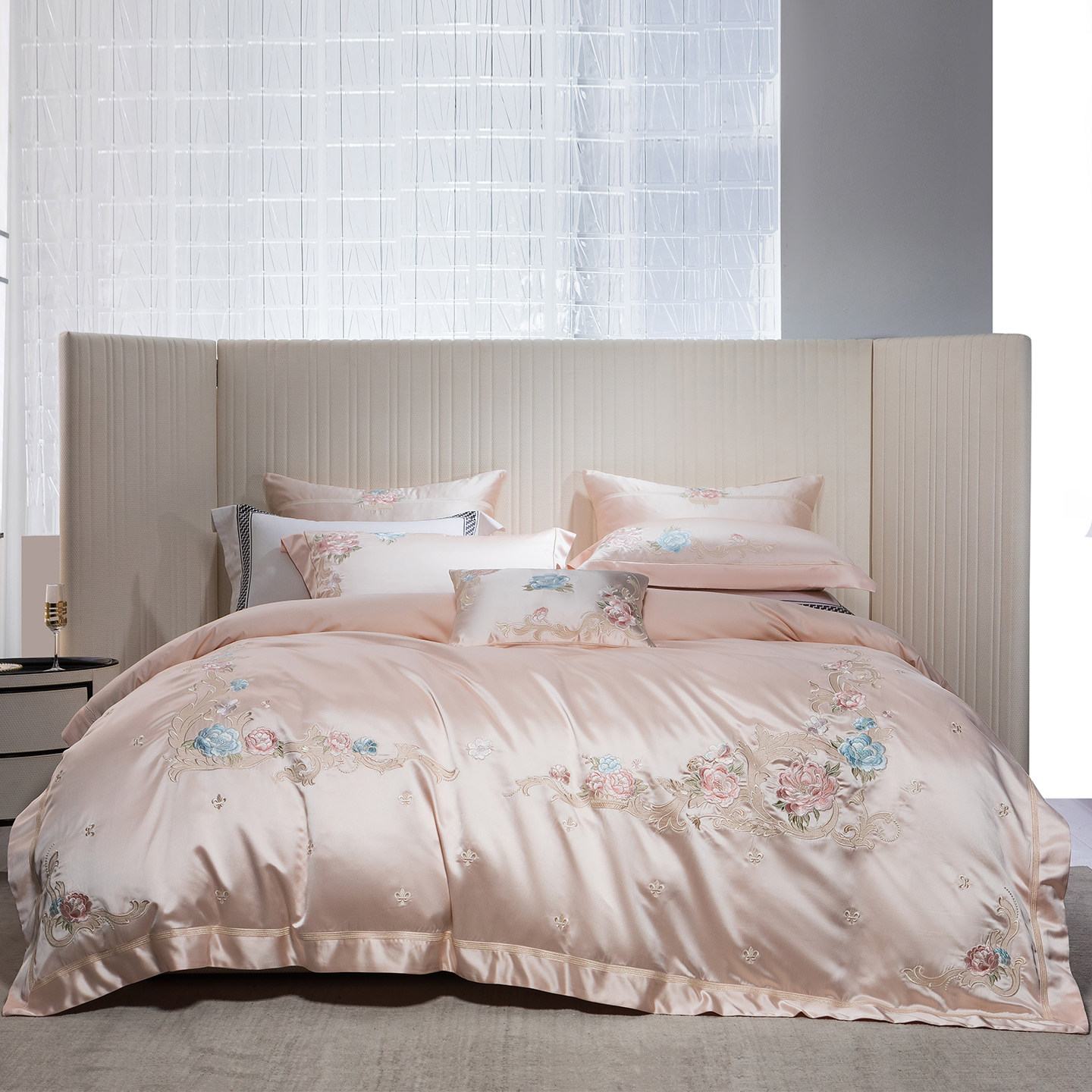 新中式结婚四件套140支真丝棉粉色刺绣花卉婚庆纯棉喜被床上用品