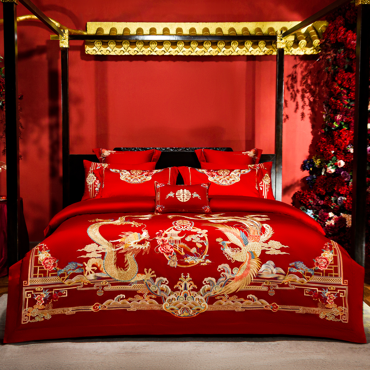 思辰结婚四件套大红全棉龙凤刺绣喜被高档婚庆十件套被子套装床品,床上用品,婚庆床品套件,淘宝优惠券,粉丝福利购,淘宝优惠卷