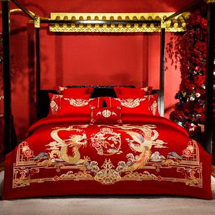思辰结婚四件套大红全棉龙凤刺绣喜被高档婚庆十件套被子套装 床品