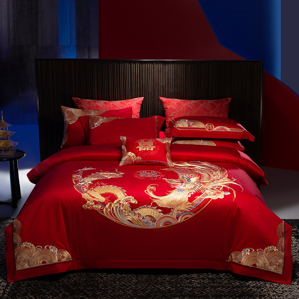 思辰中式龙凤结婚四件套全棉纯棉大红婚庆新婚喜被刺绣婚床上用品