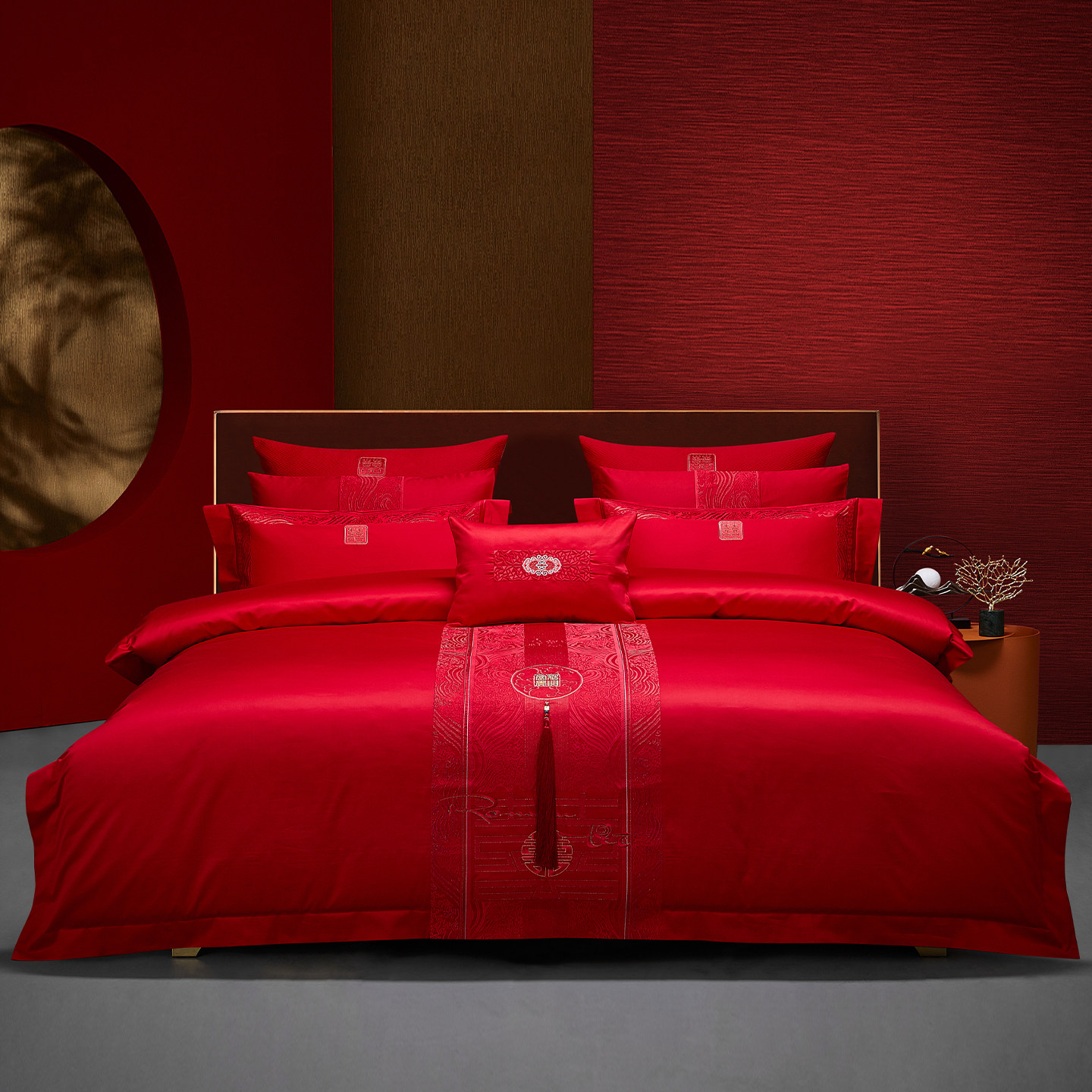 思辰大红色全棉纯棉婚庆四件套刺绣十件套高端简约女方铺床上用品