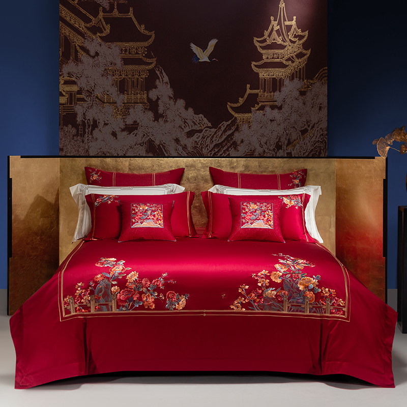 思辰家纺新中式结婚四件套140支纯棉刺绣花被套高端婚庆床上用品