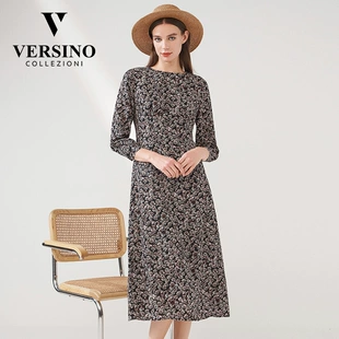圆领九分袖 梵思诺女装 碎花文艺中腰拉链连衣裙 versino 春夏季