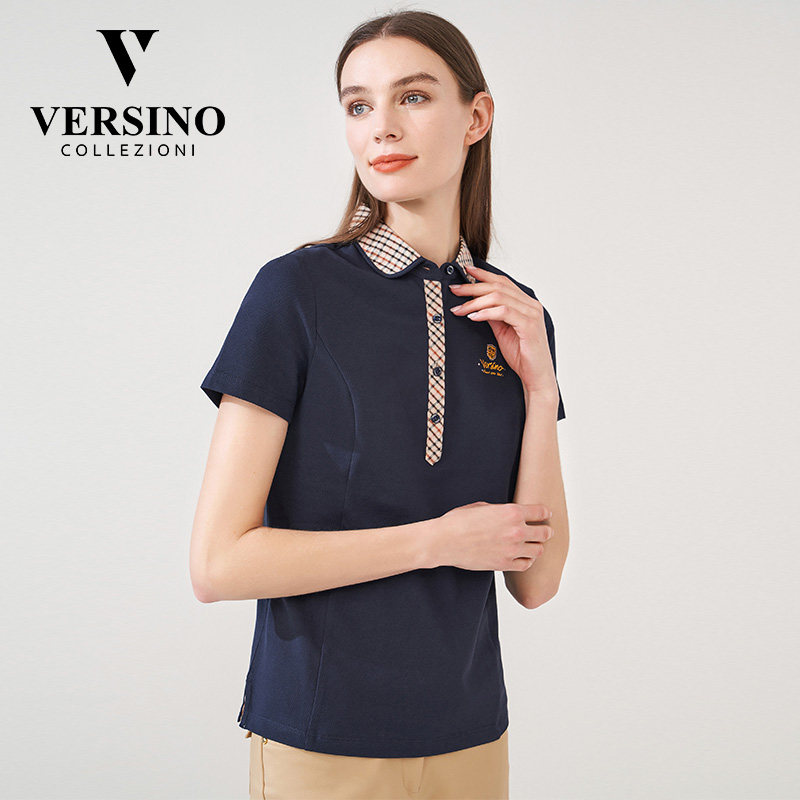 versino梵思诺女装夏季新款纯棉修身格子翻领t恤女短袖上衣polo衫