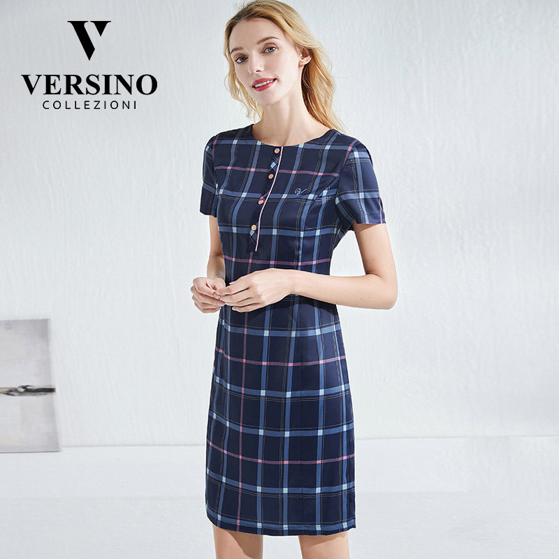 versino梵思诺女装连衣裙新款夏修身圆领收腰裙子格子中长裙