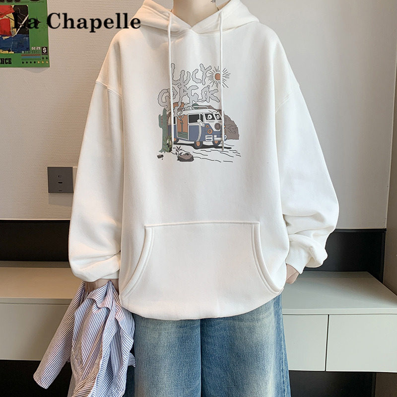 拉夏贝尔美式潮牌复古重磅纯棉百搭卡通加绒加厚连帽卫衣外套男款