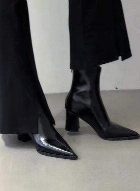 后拉链高跟尖头短靴女