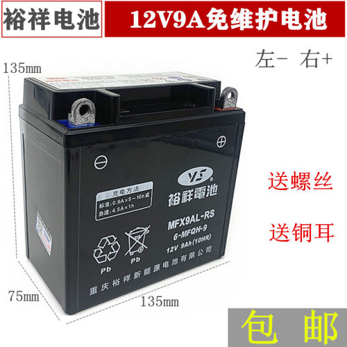 裕祥摩托车电池12V9A左负右正免维护125150男装车12N9-3B干蓄电池