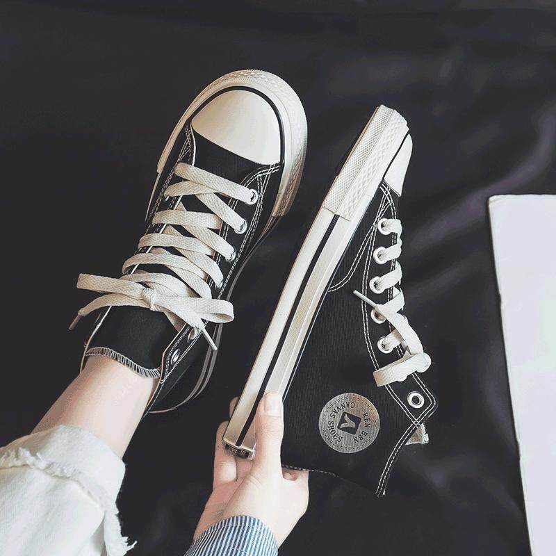 人本高帮帆布鞋女透气百搭球鞋春季系带韩版厚底圆头学生休闲板鞋