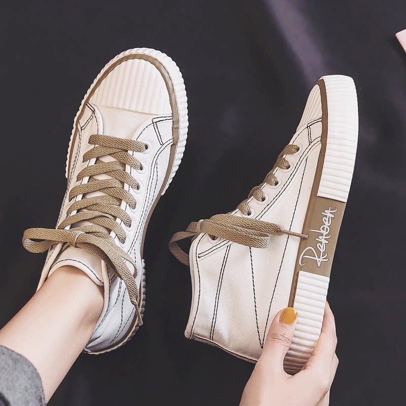 人本高帮帆布鞋女生透气平底球鞋2021春季新款韩版潮学生小白鞋子