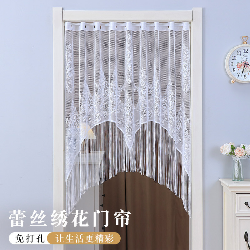 新款免打孔蕾丝绣花帘流苏装饰白色复古风格成品窗帘弧形卧室透光