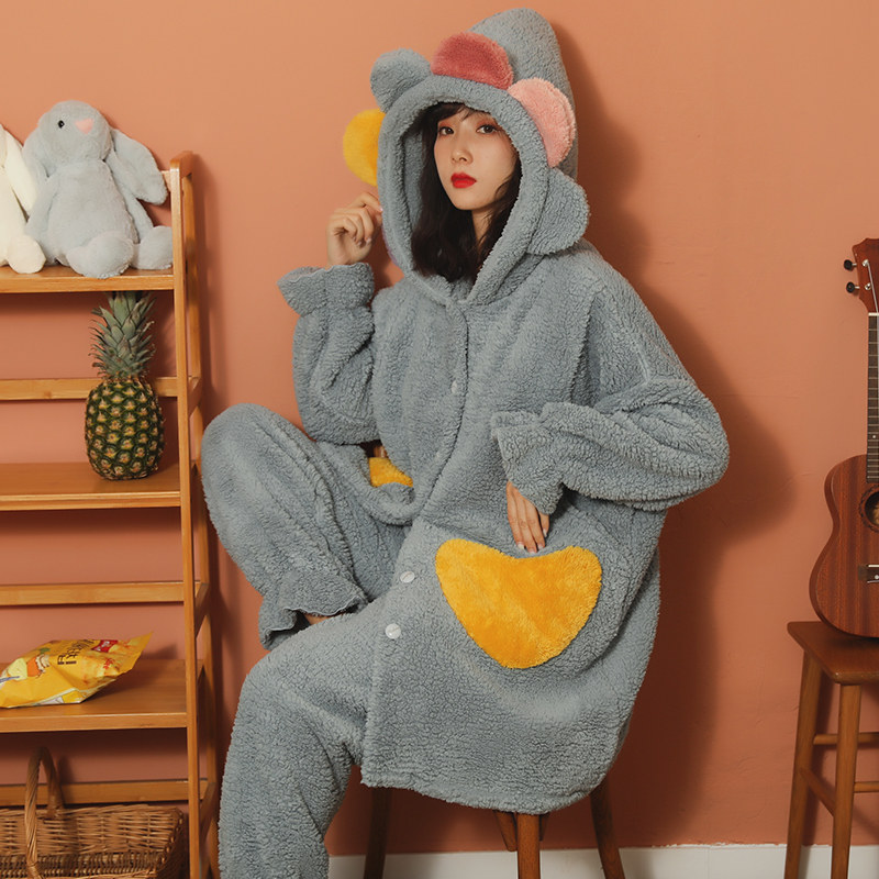 孕妇睡衣女秋冬季月子服产后加厚加绒珊瑚绒哺乳12月份怀孕期外穿