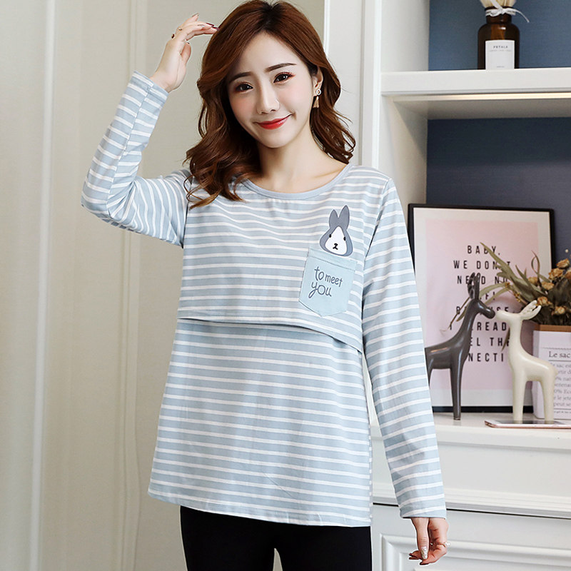 哺乳衣服春秋装上衣长袖外出喂奶服秋冬季打底衫t恤外穿期加绒厚