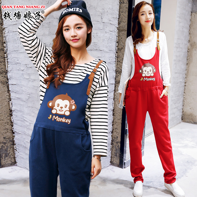 孕妇背带裤春秋装潮妈裤子外穿韩版怀孕期时尚加大码托腹裤宽松女