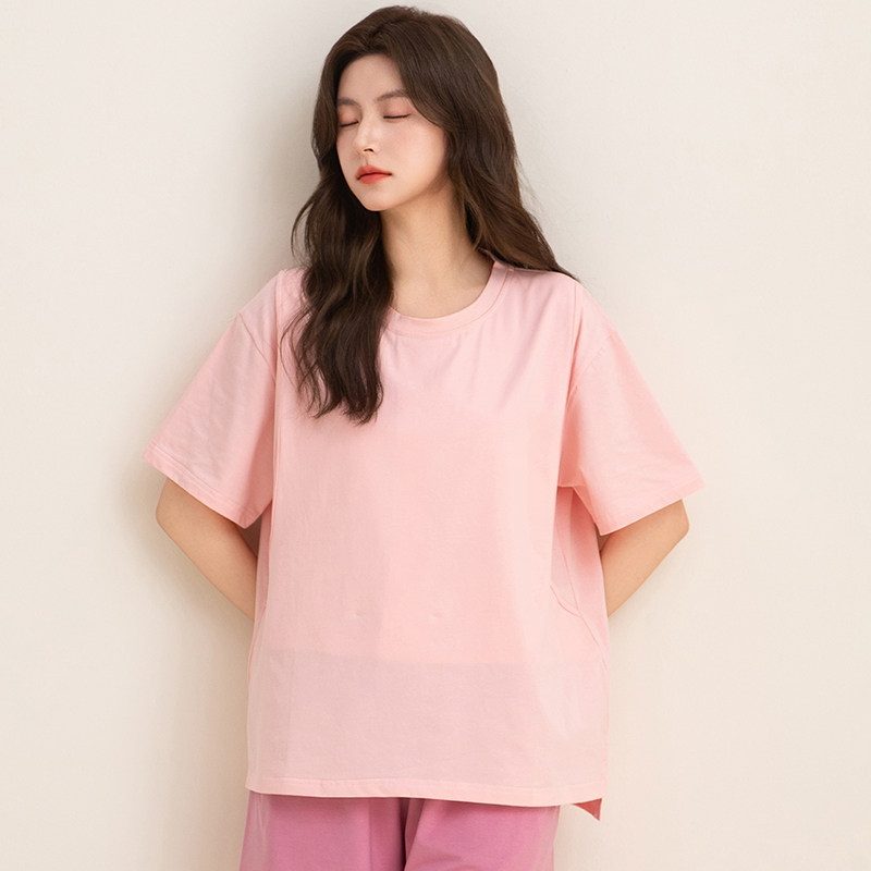 短袖哺乳上衣夏季外穿T恤纯棉带胸垫外出辣妈款竖开口喂奶衣套装