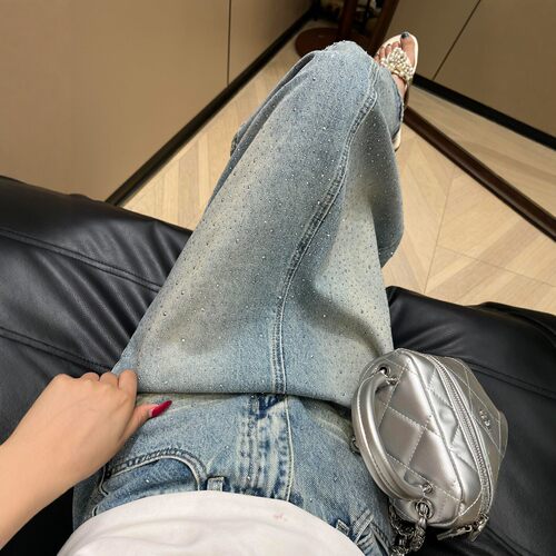 浅蓝闪钻牛仔大码a字包臀中长裙