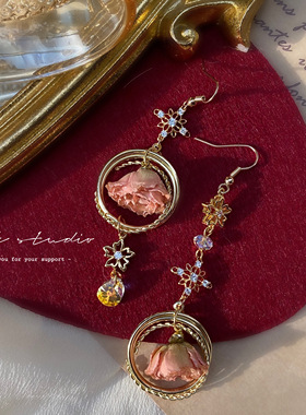 【2CAT】原创设计宫廷风温柔水晶玫瑰干花S925纯银耳环无耳洞耳夹