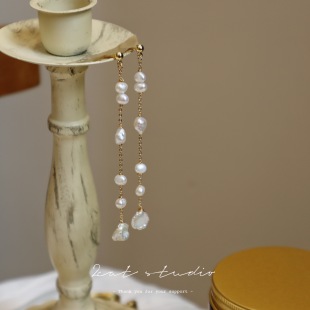 流苏仙气耳环碎银花瓣淡水珍珠长款 原创设计长款 流苏耳夹 2CAT