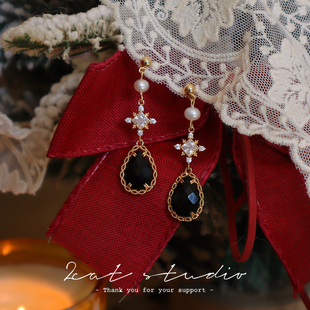 「千金小姐」原创复古风高级感黑水晶淡水珍珠耳环耳饰耳夹水滴型