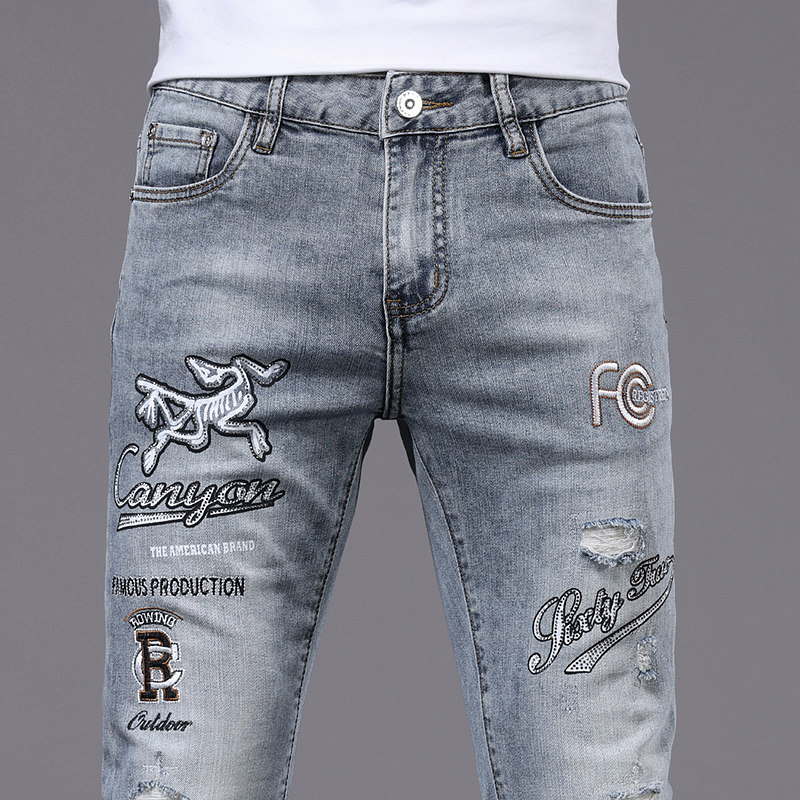 HIGH-END LIGHT LUXURY RIPPED EMBROIDERED JEANS MENS TRENDY BRAND PRINT HOT DIAMOND SLIM FOOT PANTS NEW AUTUMN STYLE
