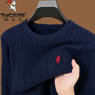 啄木鸟男圆领绞花纹针织衫套头纯色毛衣商务休闲羊毛衫宽松打底衫