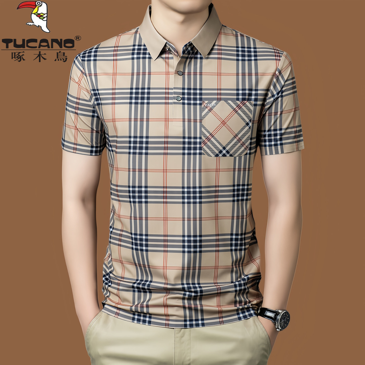 啄木鸟冰丝薄款短袖POLO衫男翻领格子速干凉感T恤桑蚕丝口袋半袖