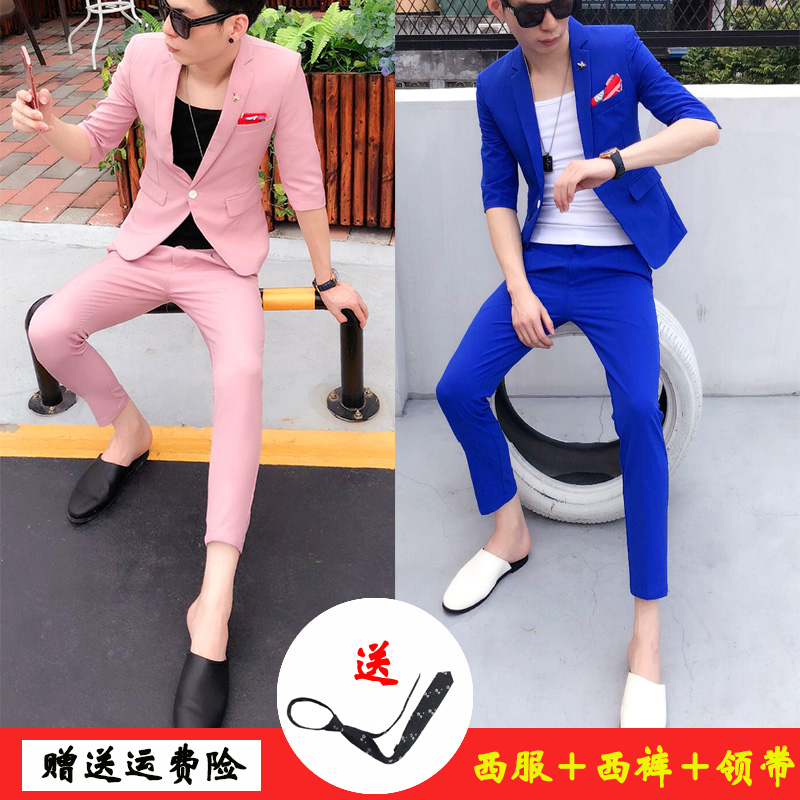 2018夏季男士七分袖休闲小西装两件套修身夜场发型师中袖西服套装
