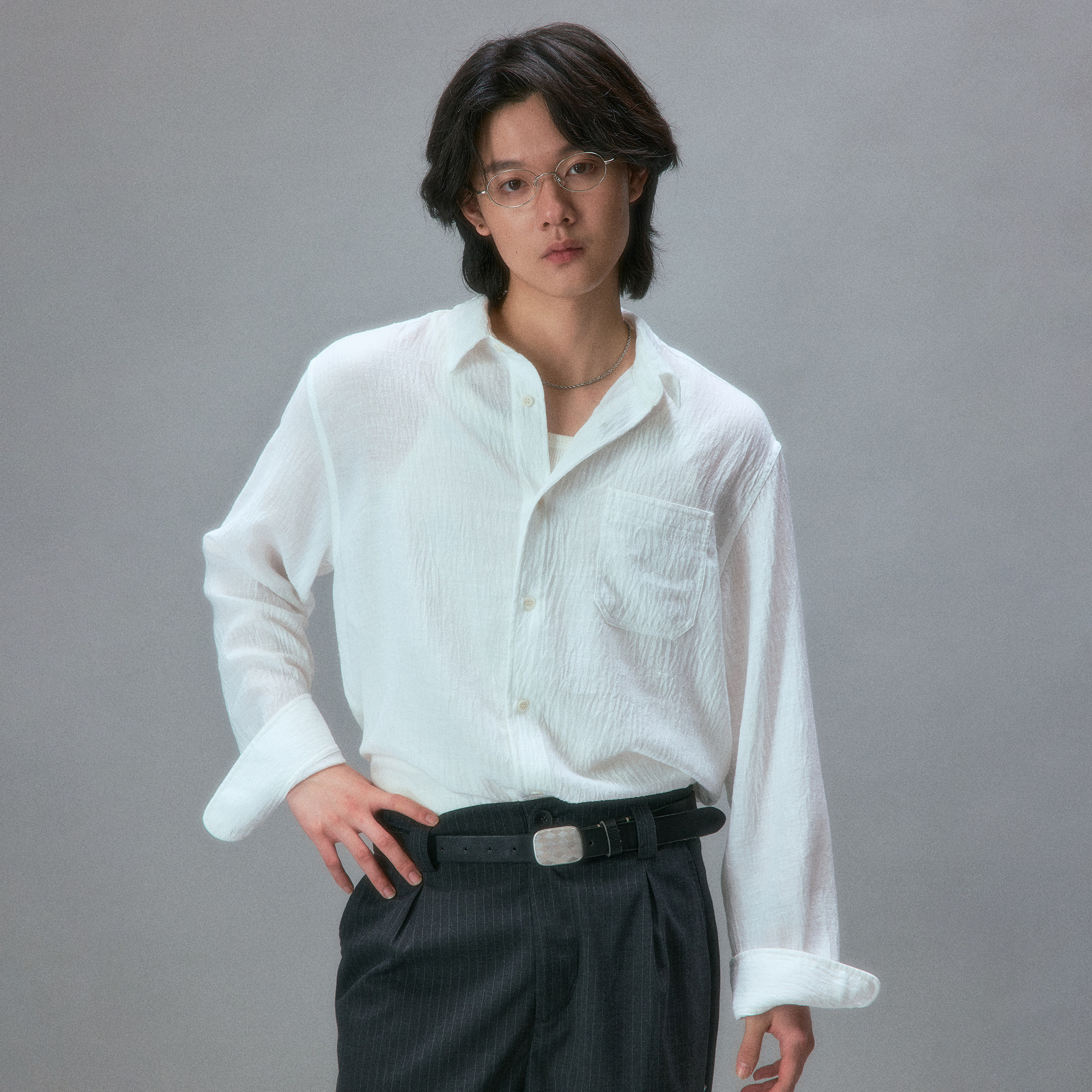 化学制品 竹野内豊的夏日皱感长袖衬衫 S1_WHT_SHIRT