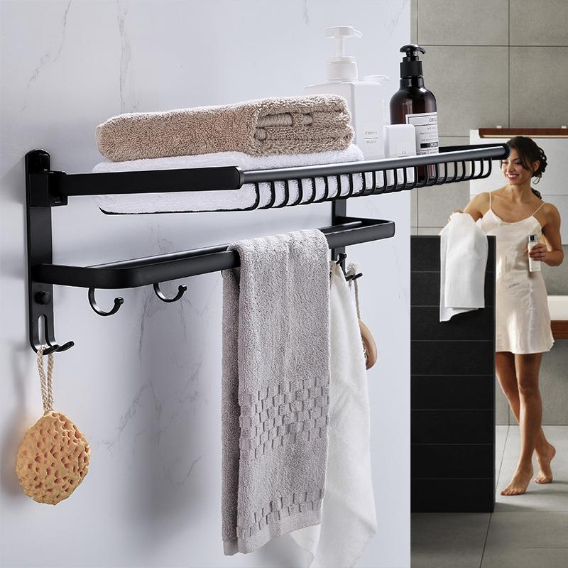 洁西特太空铝卫生间毛巾架网篮浴巾架浴室折叠置物架黑色毛巾挂架