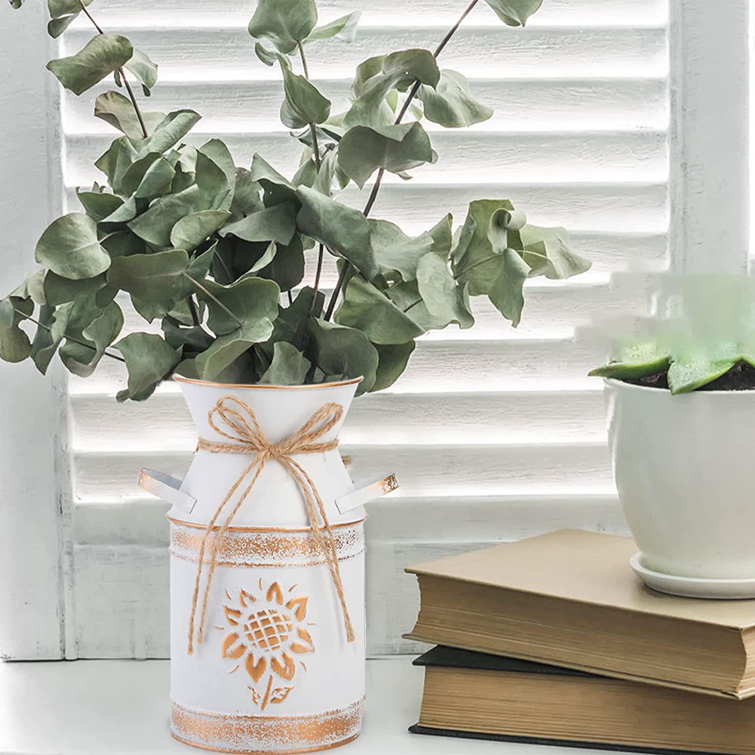 向日葵冲花型奶罐 铁质白色牛奶罐白色刷金插花花器 园艺花盆 花