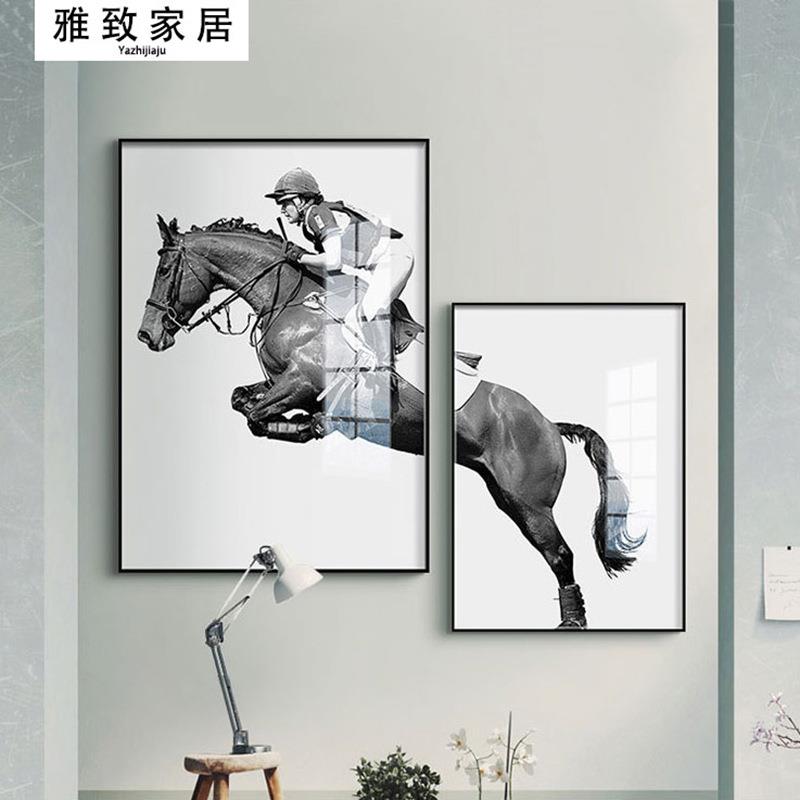 现代简约装饰画马术骑马客厅沙发办公室创意时尚艺术黑白墙画挂画图片
